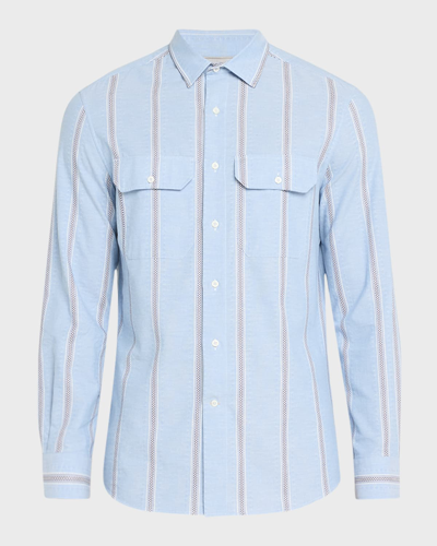 Shop Brunello Cucinelli Men's Stripe Casual Button-down Shirt With Pockets In Light Blue