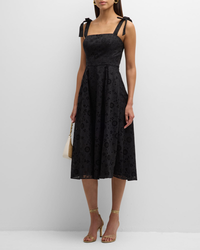 Shop Carolina Herrera Bow-strap Square-neck Eyelet Embroidered Midi Dress In Black