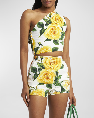 Shop Dolce & Gabbana Yellow Rose Floral Print One-shoulder Top In Whtprtyell