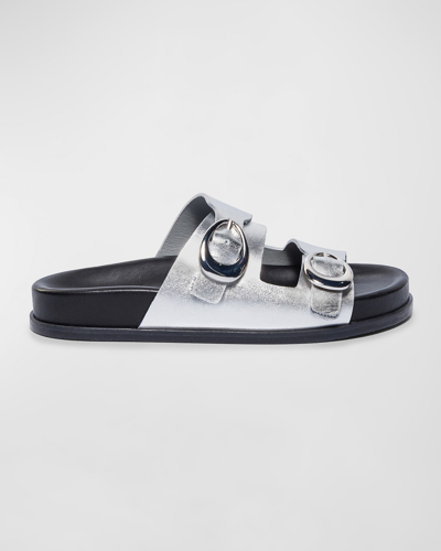 Shop Bernardo Metallic Dual-buckle Comfort Sandals In Silver