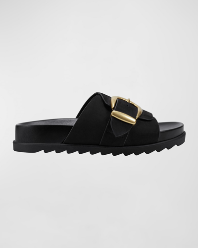 Shop Marc Fisher Ltd Leather Buckle Easy Slide Sandals In Black