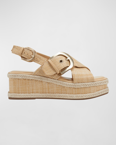 Shop Marc Fisher Ltd Leather Crisscross Buckle Wedge Sandals In Light Natural