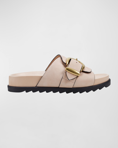 Shop Marc Fisher Ltd Leather Buckle Easy Slide Sandals In Light Natural
