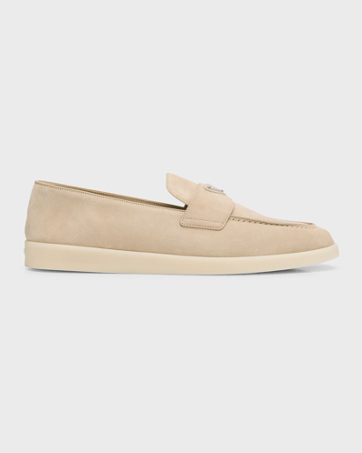 Prada Round Toe Suede Loafers In Neutral
