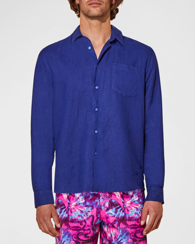 Shop Vilebrequin Men's Caroubis Solid Linen Sport Shirt In Deep Ink