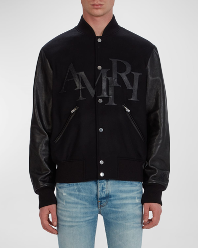 Shop Amiri Men's Staggered Logo Varsity Jacket In Black