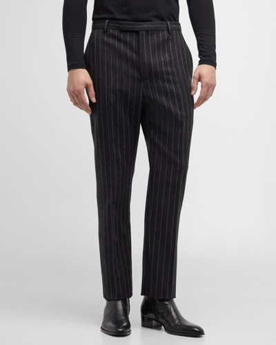 Shop Saint Laurent Men's Flannel Pinstripe Trousers In White Ivor