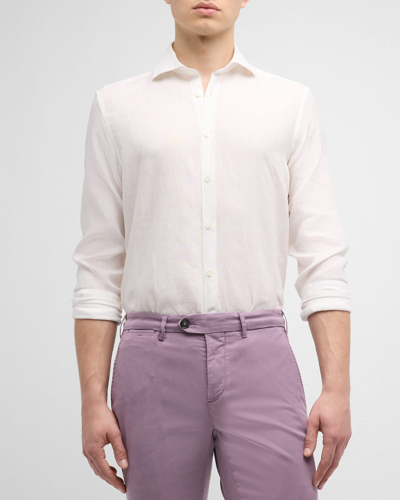 Shop Canali Men's Linen Casual Button-down Shirt In White