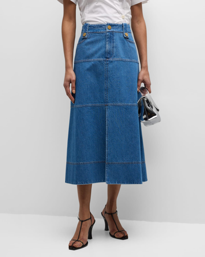Shop Tanya Taylor Hudie A-line Denim Midi Skirt In Medium Indigo Blu