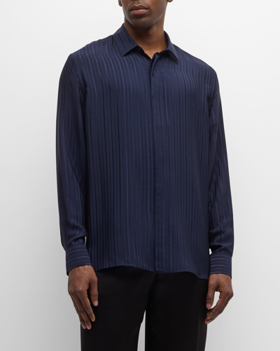 Shop Saint Laurent Men's Jacquard Striped Dress Shirt In Indigo Dk.
