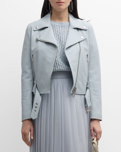 Shop Eleventy Cropped Zip-front Leather Moto Jacket In Baby Blue