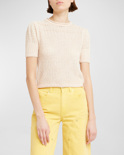 Shop Ulla Johnson Capri Short-sleeve Cropped Geo Knit Top In Creme