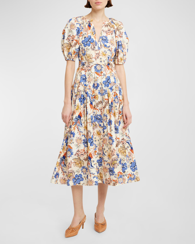 Shop Ulla Johnson Carina Floral Cotton Poplin Puff-sleeve Midi Dress In Magnolia