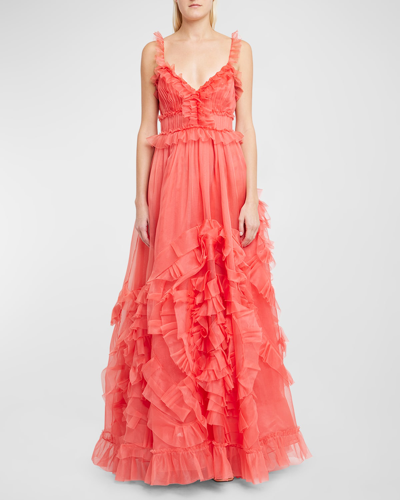 Shop Ulla Johnson Margaux Frill-strap Ruffled Silk Gown In Desert Rose