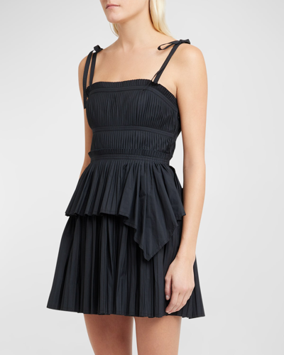 Shop Ulla Johnson Bailey Tie-shoulder Tiered Pleated Poplin Mini Dress In Noir
