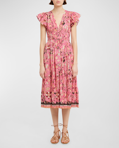 Shop Ulla Johnson Angelica V-neck Flutter-sleeve Midi Dress In Hollyhock