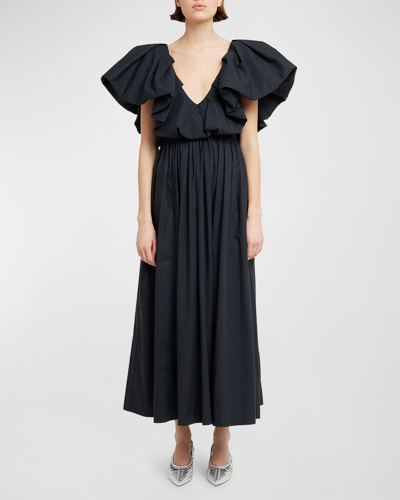 Shop Ulla Johnson Francesca Ruffled Cotton Poplin Midi Dress In Noir