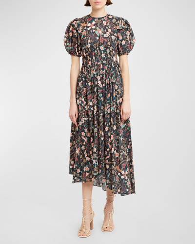 Shop Ulla Johnson Eden Puff-sleeve Floral-print Midi Dress In Obsidian Botanica