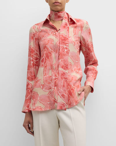 Shop Kiton Floral-print Long-sleeve Neck-scarf Silk Blouse In Pink Mult