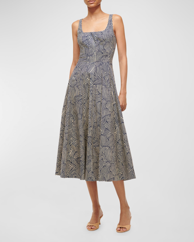 Shop Staud Wells Cotton Poplin Sleeveless Midi Dress In Navy Mosaic