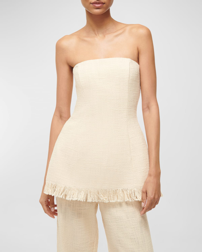 Shop Staud Silvia Strapless Frayed-edge Textured Cotton Top In Ivory