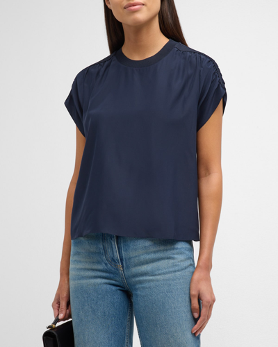 Shop Cinq À Sept Lorainne Short Ruched-sleeve Silk Top In Navy