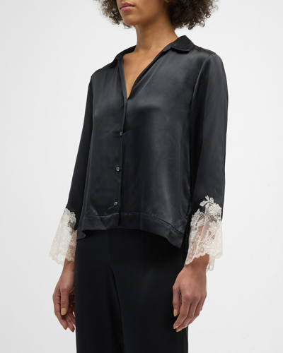 Shop Josie Natori Lolita Cropped Lace-trim Charmeuse Pajama Set In Black W/ecru