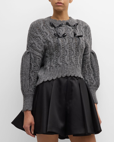 Shop Simone Rocha Bow Puff-sleeve Lace-stitch Chunky Knit Crop Sweater In Greyblack