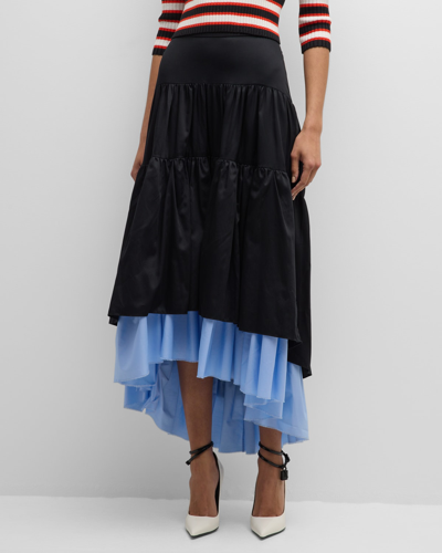 Shop Hellessy Alyssa Tiered Satin Cotton High-low Skirt In Black-shadow Blue