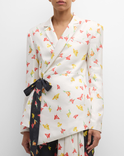 Shop Hellessy Monrow Butterfly-print Satin Wrap Blazer Jacket In Ecru Print/blk Pr