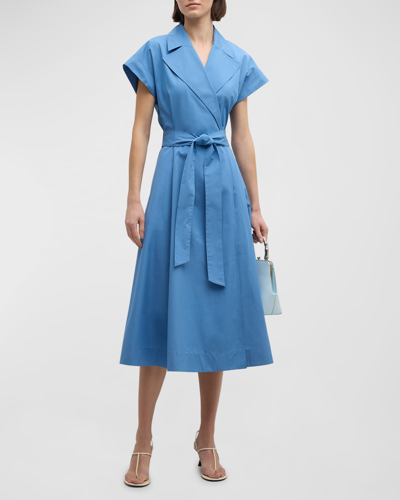 Shop Lafayette 148 Belted Organic Cotton Poplin Midi Wrap Dress In Delphinium Blue