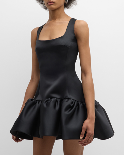 Shop Bach Mai Volant Scoop-neck Fit-&-flare Mini Dress In Black Satin