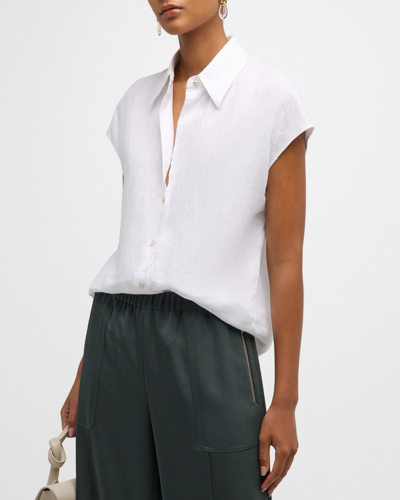 Shop Vince Cap-sleeve Linen Button-front Blouse In Optic White