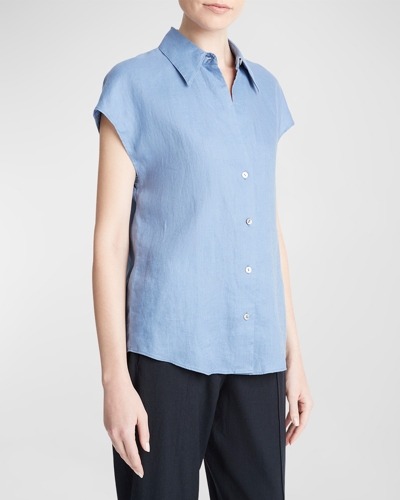 Shop Vince Cap-sleeve Linen Button-front Blouse In Azure Gem
