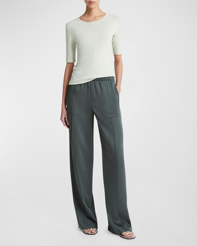 Shop Vince Shiny Zip-trim Wide-leg Pull-on Pants In Night Pine