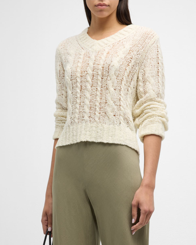 Shop Vince Textured Wool-blend Cable-knit V-neck Sweater In Cream