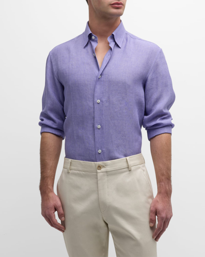 Shop Brioni Men's Solid Linen Sport Shirt In Lilac