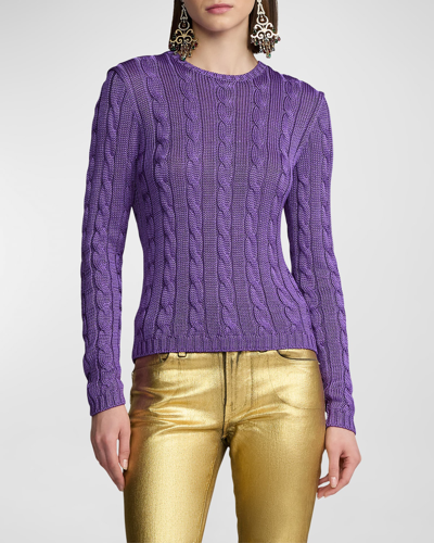 Shop Ralph Lauren Cable-knit Silk Crewneck Sweater In Purple