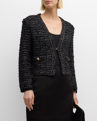Shop Milly Cropped Boucle Tweed Jacket In Black Multi