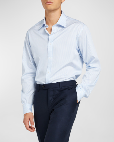 Shop Loro Piana Men's Cotton Micro-stripe Dress Shirt In Blue Pattern