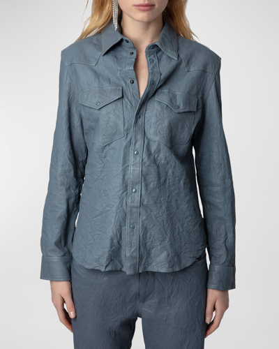 Shop Zadig & Voltaire Thelma Crinkled Leather Shirt In Light Blue