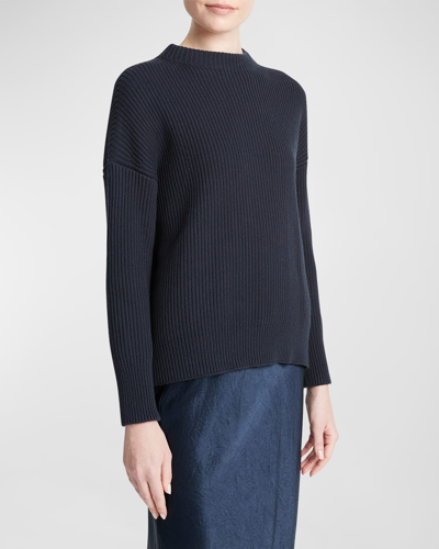 Shop Vince Ribbed Funnel-neck Cotton Cashmere Sweater In Navy