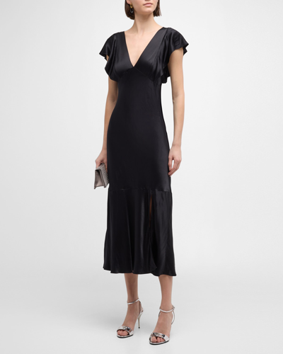 Shop Rails Dina Flutter-sleeve Satin Midi Dress In Black
