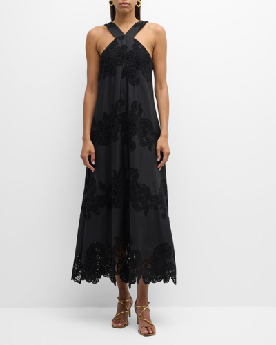 Shop Natori Madiera Embroidered Cutwork Cotton Midi Dress In Black