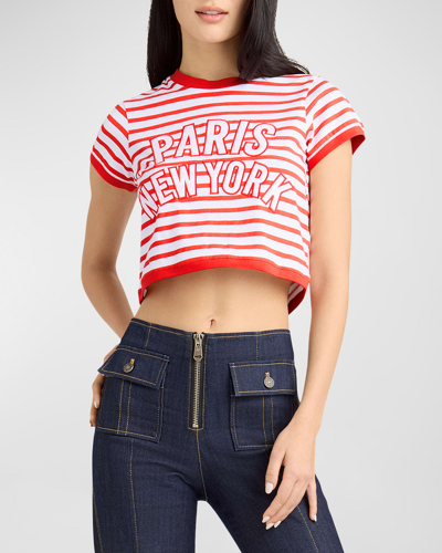 Shop Cinq À Sept Becka Embroidered Striped Performance Knit Crop T-shirt In White/ Cherry Tom