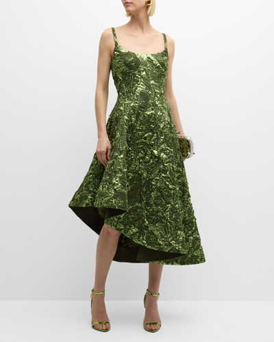 Shop Jason Wu Collection Metallic Marine Jacquard Asymmetric Midi Dress In Deep Olive Multi