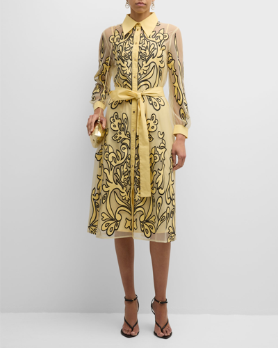 Shop Misook Embroidered Applique Mesh Midi Shirtdress In Pale Gold/black