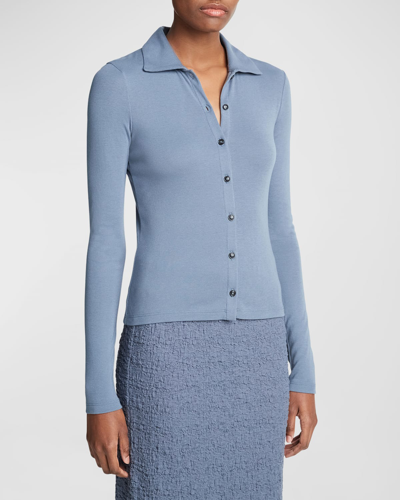 Shop Vince Long-sleeve Collared Button-front Top In Sea Steel