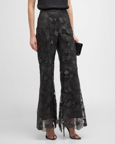 Shop Ungaro Flare-leg Metallic Floral Lace Pants In Blacksilver