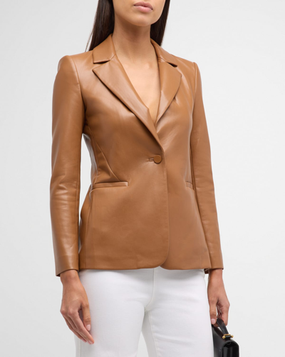 Shop Alice And Olivia Macey Fitted Vegan Leather Blazer In Camel